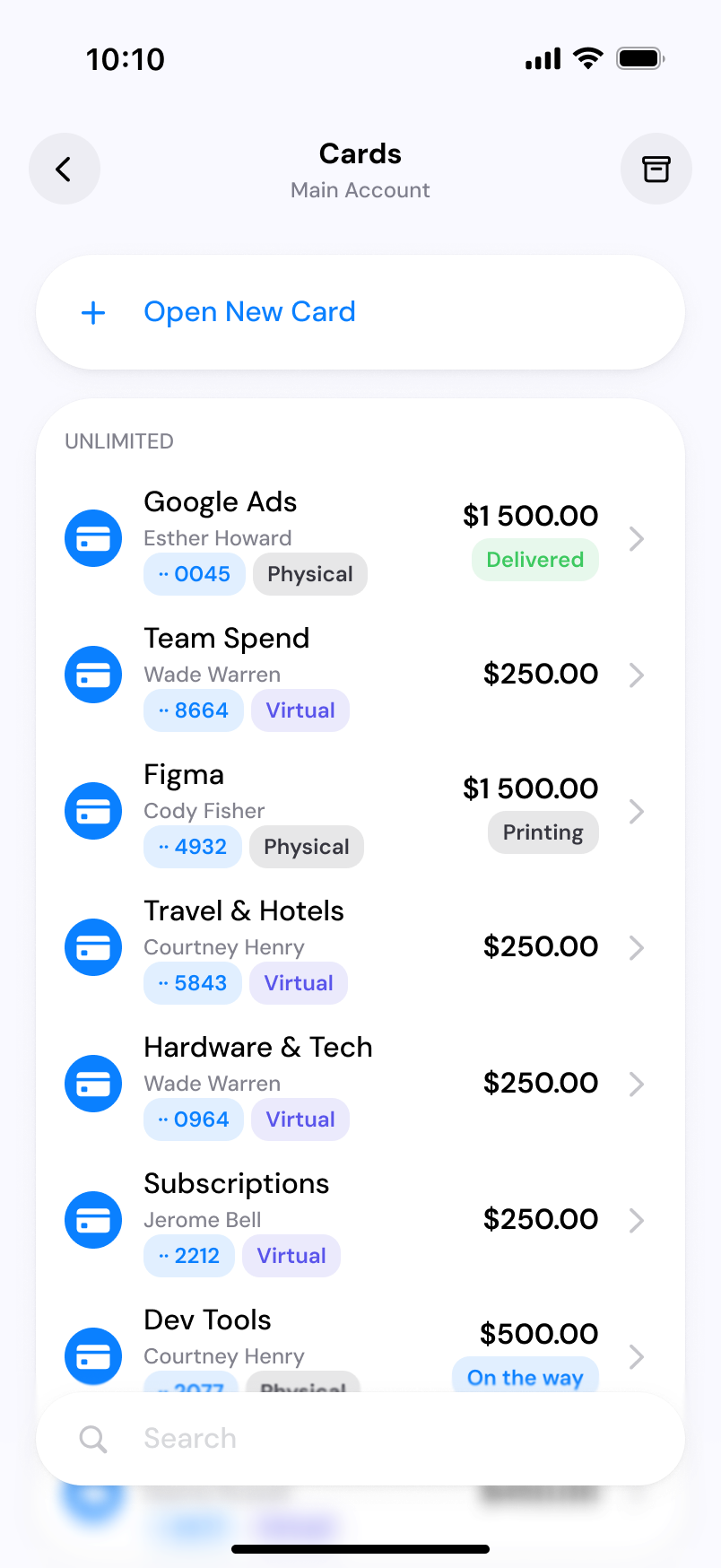 Spendbase mobile app Cards screen