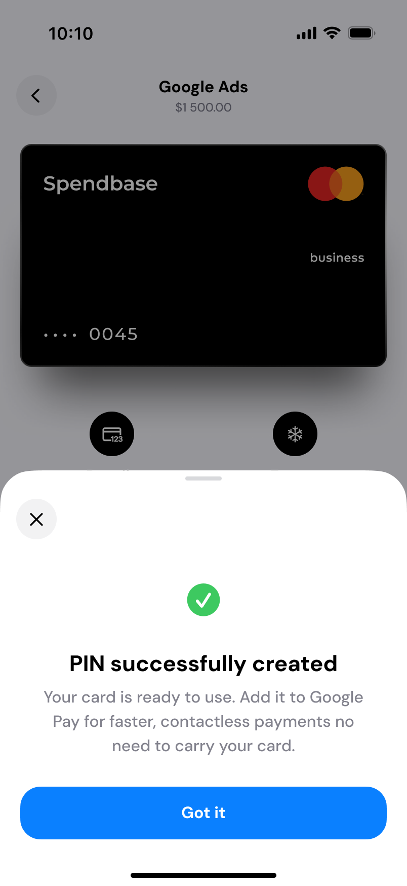 Card activated success on mobile