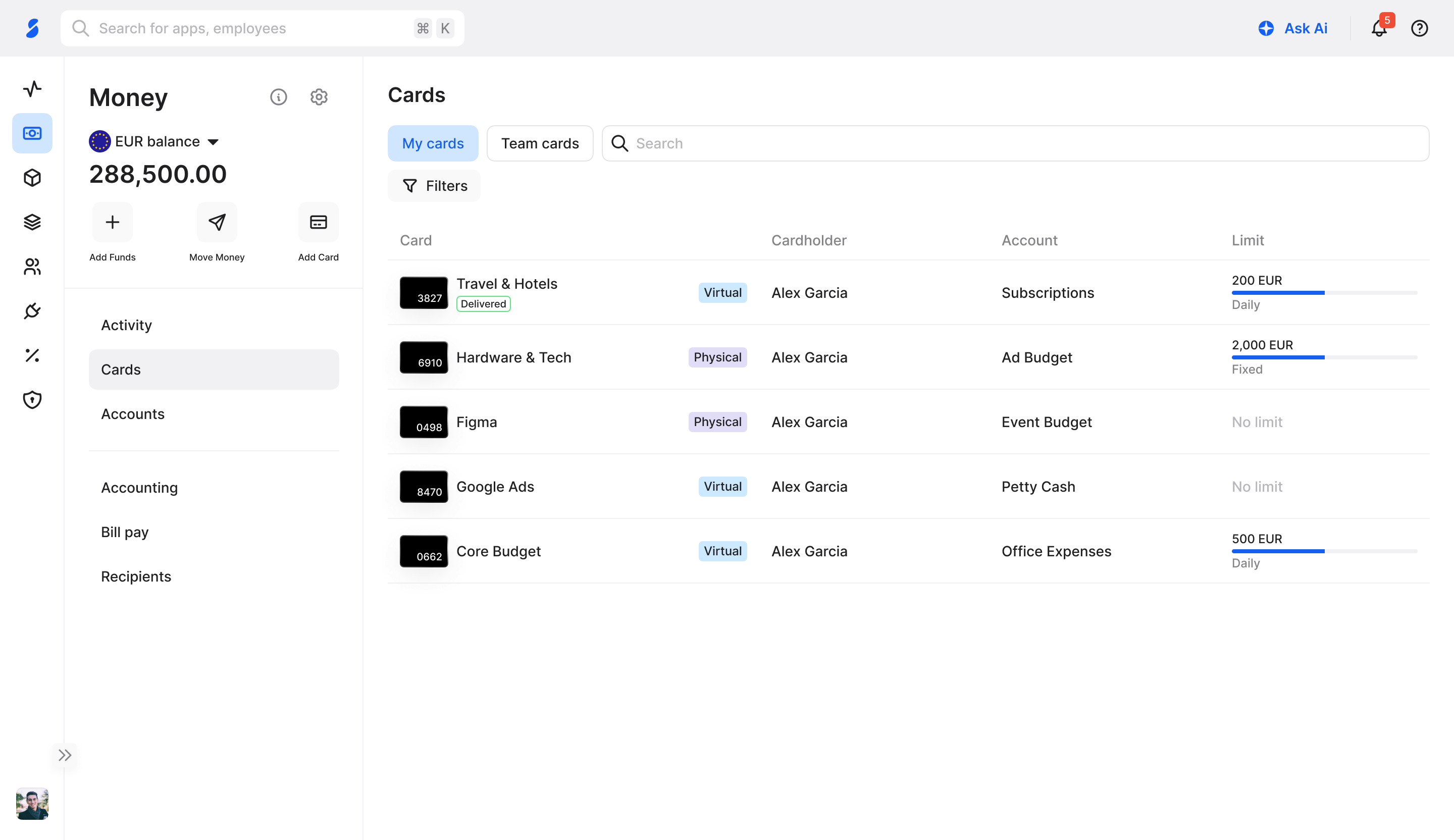 Spendbase web app Cards view