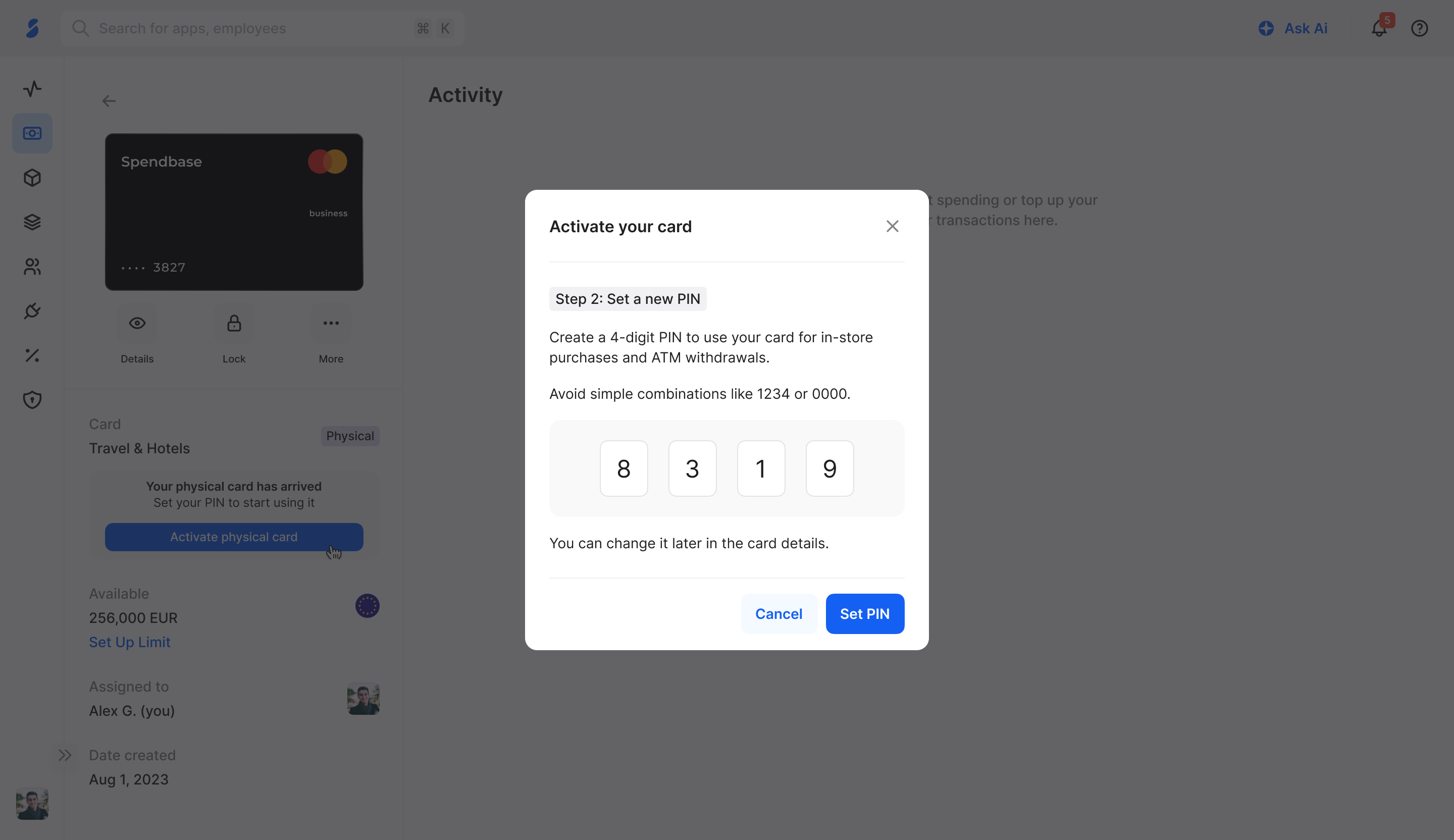 Set new PIN in web app