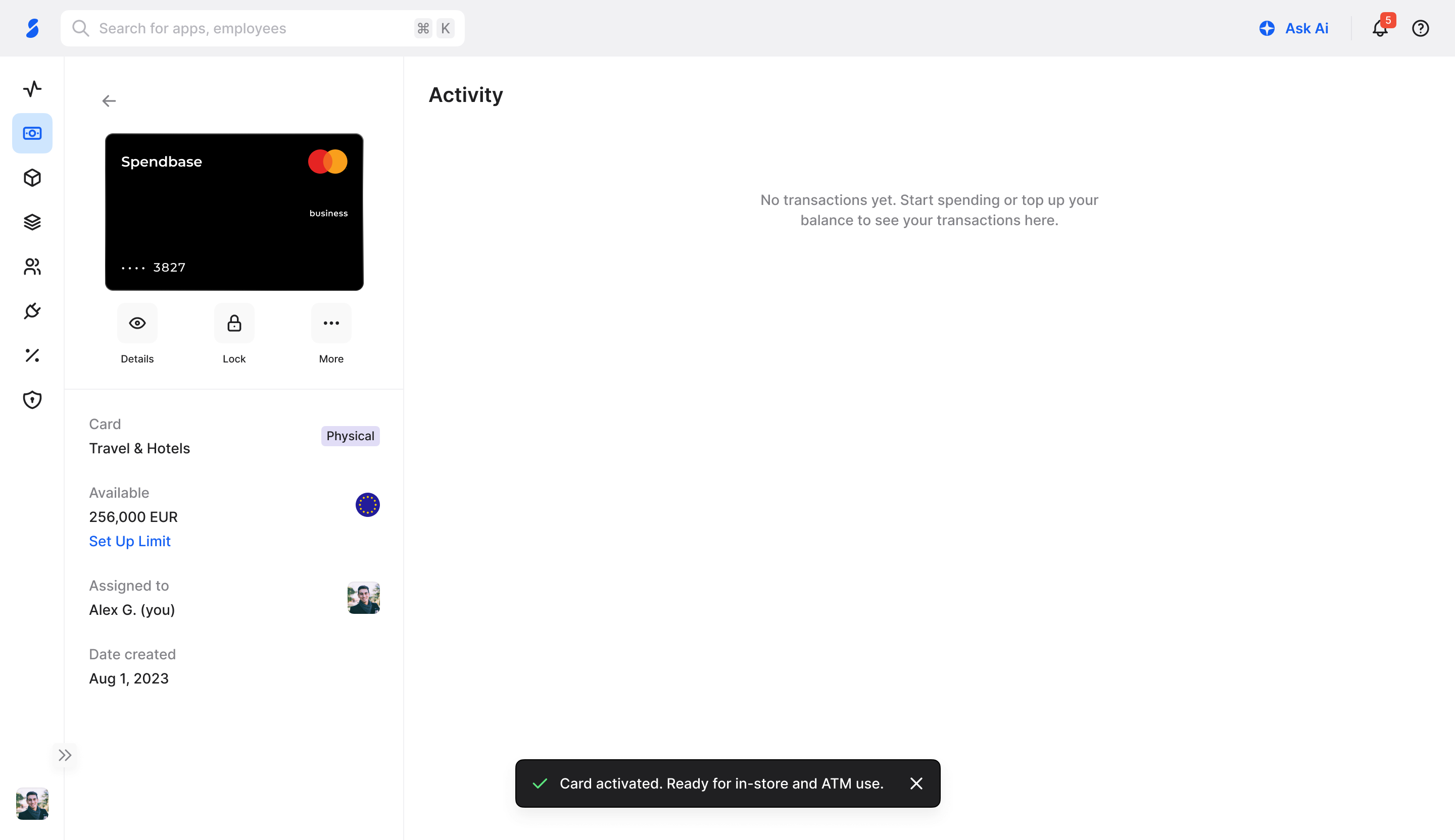 Card activated confirmation in web app